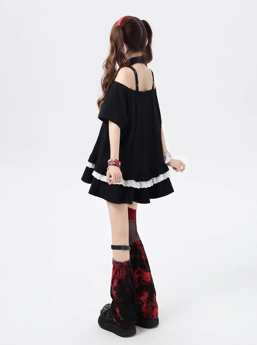 Off-shoulder lace mid-length T-shirt with fake collar CRA0078