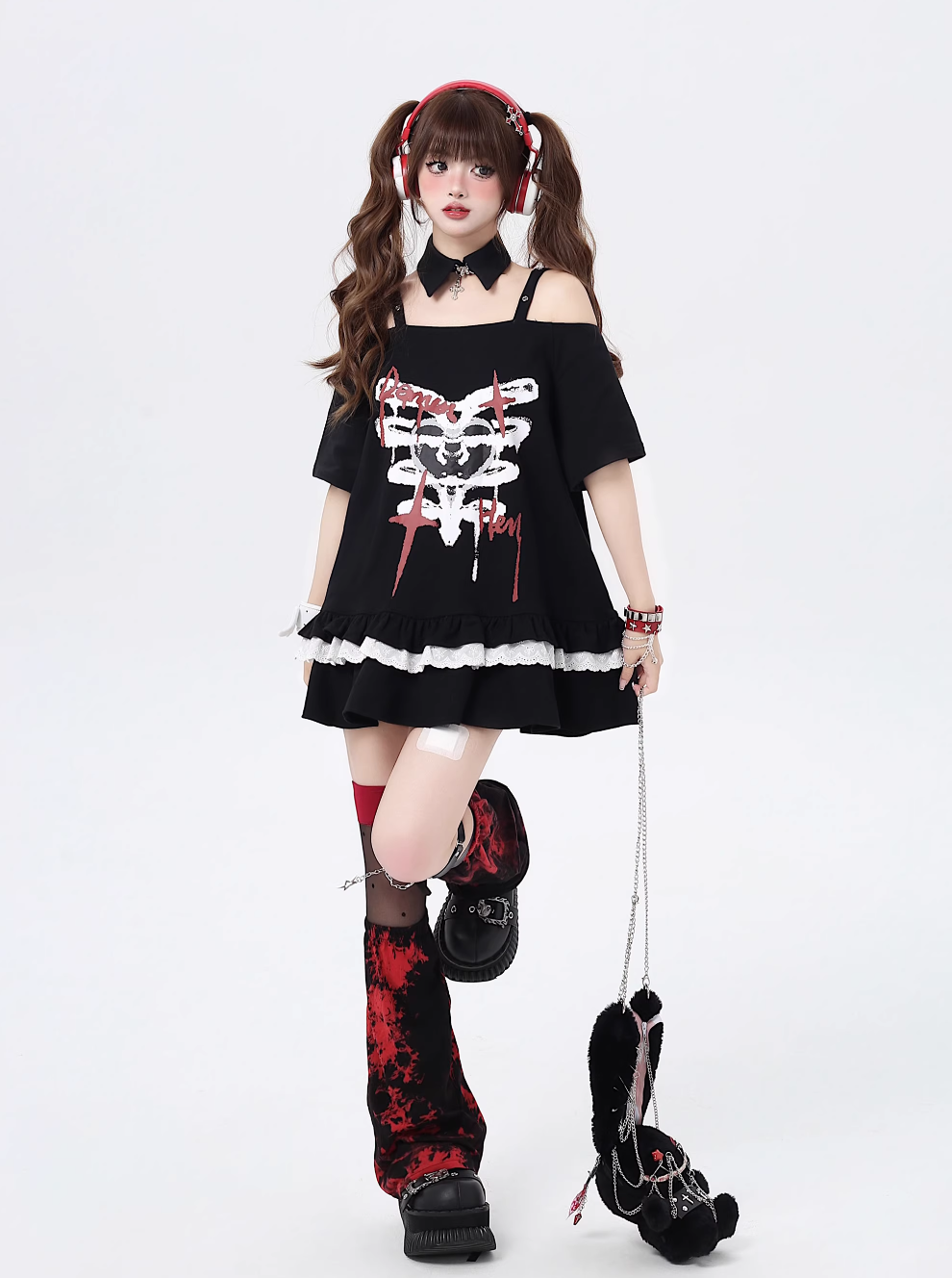 Off-shoulder lace mid-length T-shirt with fake collar CRA0078