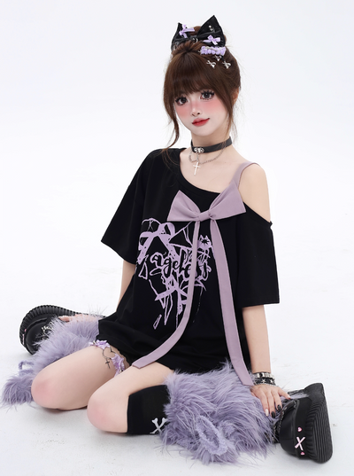 Asian Girl Design Ribbon Off Shoulder Loose T-shirt CRA0079