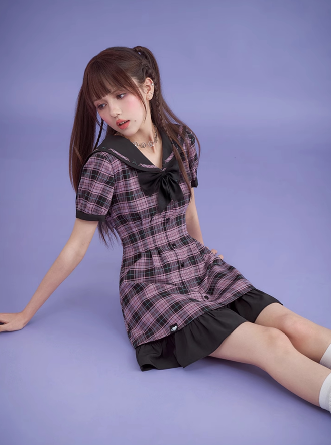 Plaid Sailor Design Layered Waist Slim Dress SAG0166