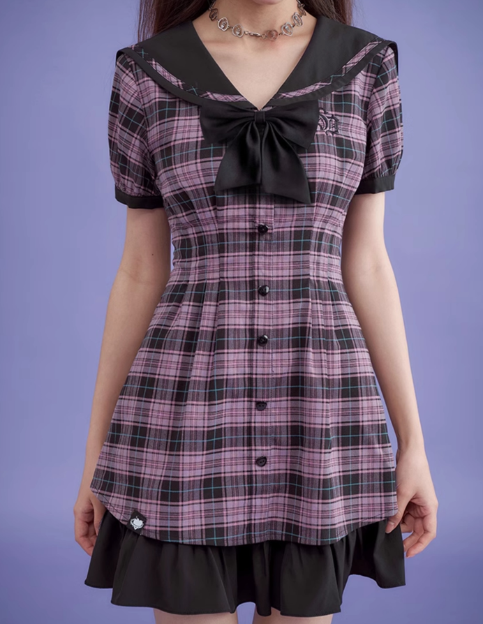 Plaid Sailor Design Layered Waist Slim Dress SAG0166