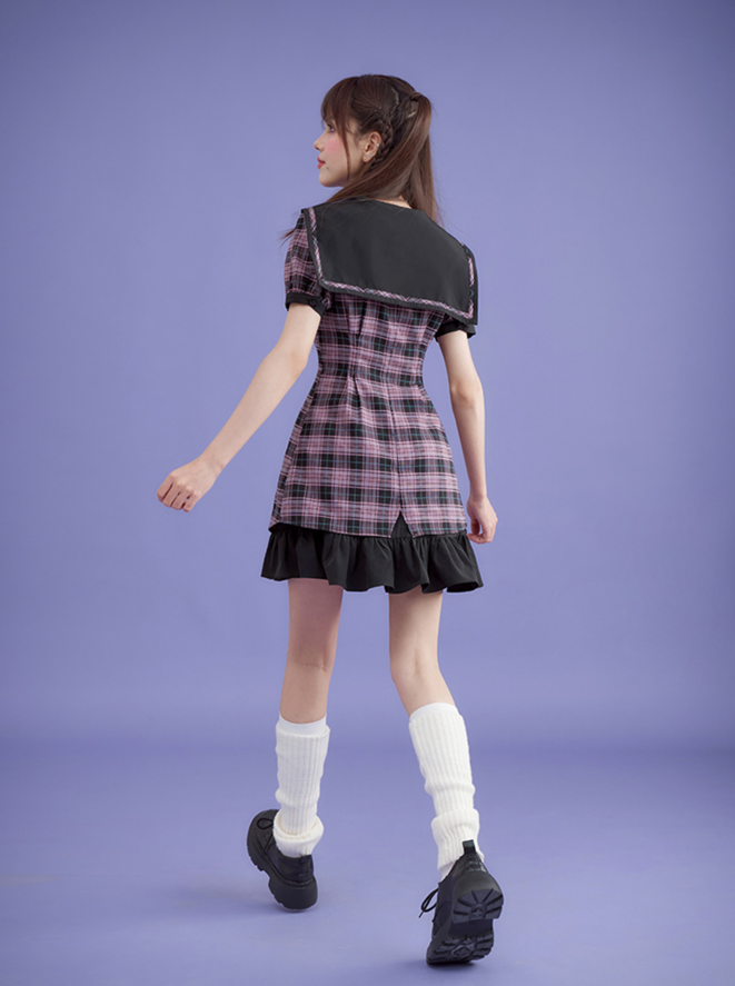 Plaid Sailor Design Layered Waist Slim Dress SAG0166