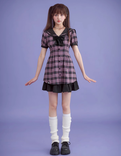 Plaid Sailor Design Layered Waist Slim Dress SAG0166