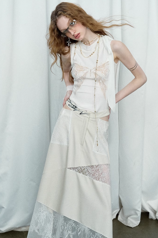 Butterfly Shaped Lace Design Sleeveless Top OFA0134