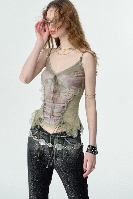 Printed camisole top with side lace design OFA0138