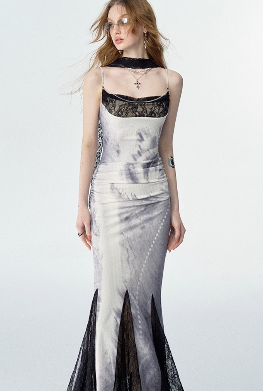 Lace Slit Design Mermaid Silhouette Camisole Dress OFA0139