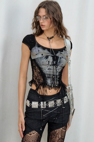 French Sleeveless Lame Top with Waistside Lace Design OFA0144