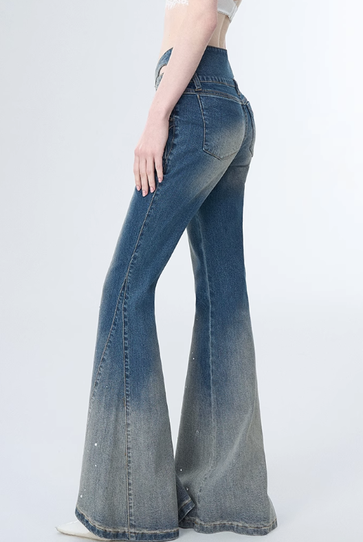 Ribbon-cut waist design flared denim pants OFA0147