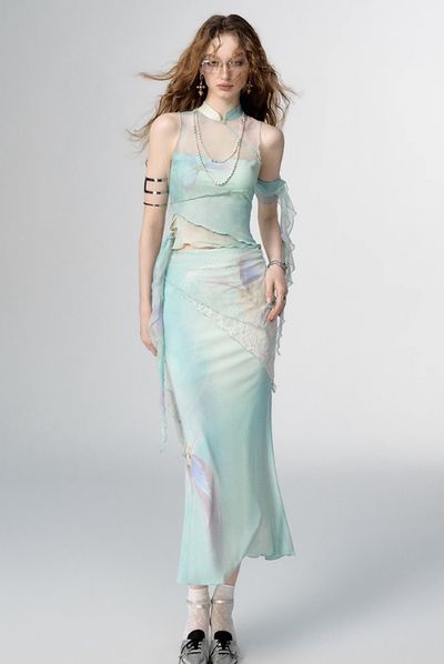 China Style Aurora Borealis Color See-through Sleeveless Top & Aurora Borealis Color Slim Skirt OFA0150