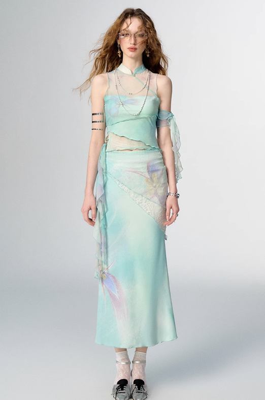 China Style Aurora Borealis Color See-through Sleeveless Top & Aurora Borealis Color Slim Skirt OFA0150