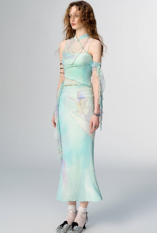 China Style Aurora Borealis Color See-through Sleeveless Top & Aurora Borealis Color Slim Skirt OFA0150