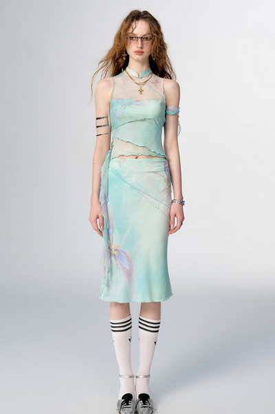 China Style Aurora Borealis Color See-through Sleeveless Top & Aurora Borealis Color Slim Skirt OFA0150