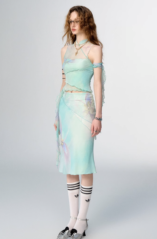 China Style Aurora Borealis Color See-through Sleeveless Top & Aurora Borealis Color Slim Skirt OFA0150