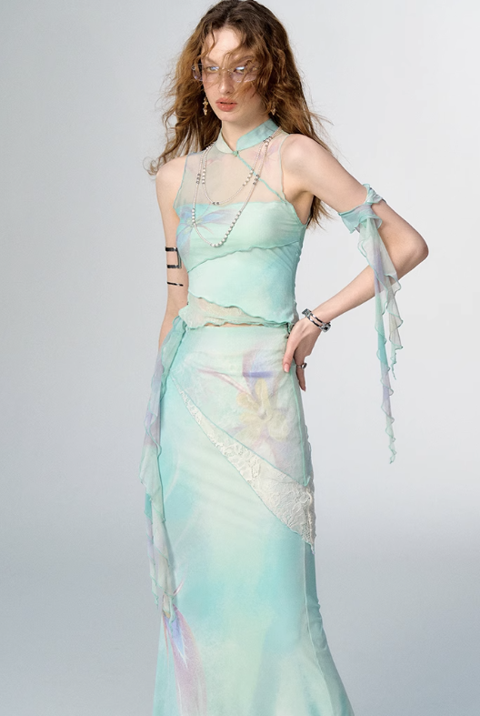 China Style Aurora Borealis Color See-through Sleeveless Top & Aurora Borealis Color Slim Skirt OFA0150