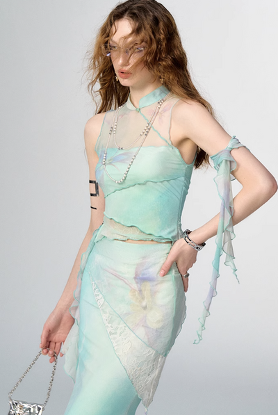 China Style Aurora Borealis Color See-through Sleeveless Top & Aurora Borealis Color Slim Skirt OFA0150