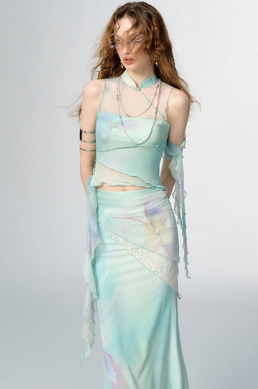 China Style Aurora Borealis Color See-through Sleeveless Top & Aurora Borealis Color Slim Skirt OFA0150