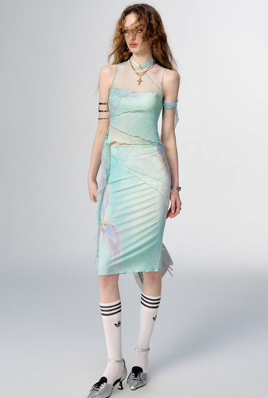 China Style Aurora Borealis Color See-through Sleeveless Top & Aurora Borealis Color Slim Skirt OFA0150