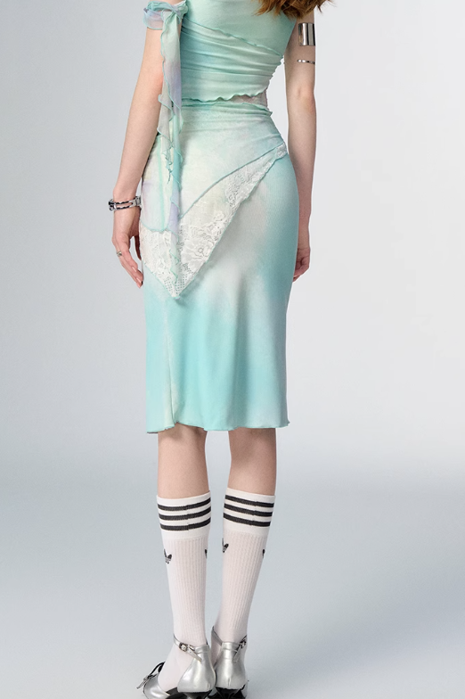 China Style Aurora Borealis Color See-through Sleeveless Top & Aurora Borealis Color Slim Skirt OFA0150