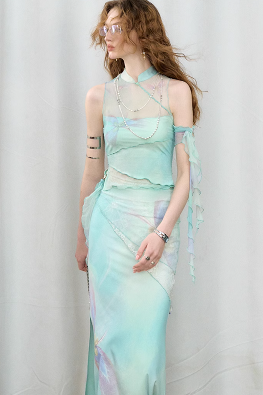 China Style Aurora Borealis Color See-through Sleeveless Top & Aurora Borealis Color Slim Skirt OFA0150