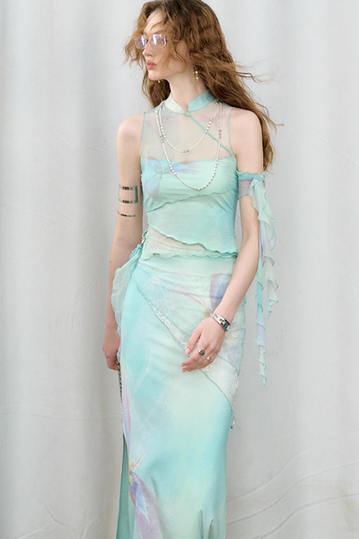 China Style Aurora Borealis Color See-through Sleeveless Top & Aurora Borealis Color Slim Skirt OFA0150