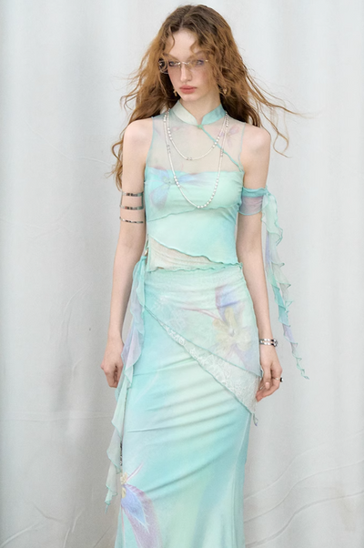 China Style Aurora Borealis Color See-through Sleeveless Top & Aurora Borealis Color Slim Skirt OFA0150