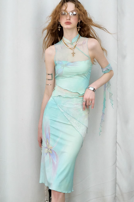 China Style Aurora Borealis Color See-through Sleeveless Top & Aurora Borealis Color Slim Skirt OFA0150