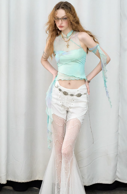 China Style Aurora Borealis Color See-through Sleeveless Top & Aurora Borealis Color Slim Skirt OFA0150