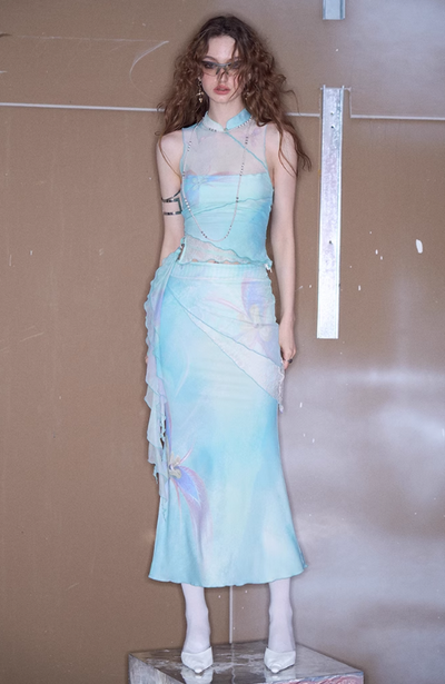 China Style Aurora Borealis Color See-through Sleeveless Top & Aurora Borealis Color Slim Skirt OFA0150