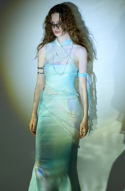 China Style Aurora Borealis Color See-through Sleeveless Top & Aurora Borealis Color Slim Skirt OFA0150