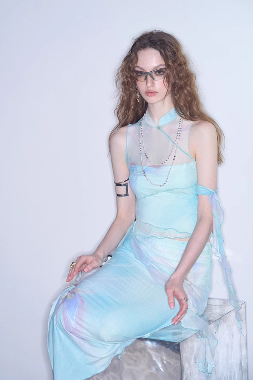 China Style Aurora Borealis Color See-through Sleeveless Top & Aurora Borealis Color Slim Skirt OFA0150