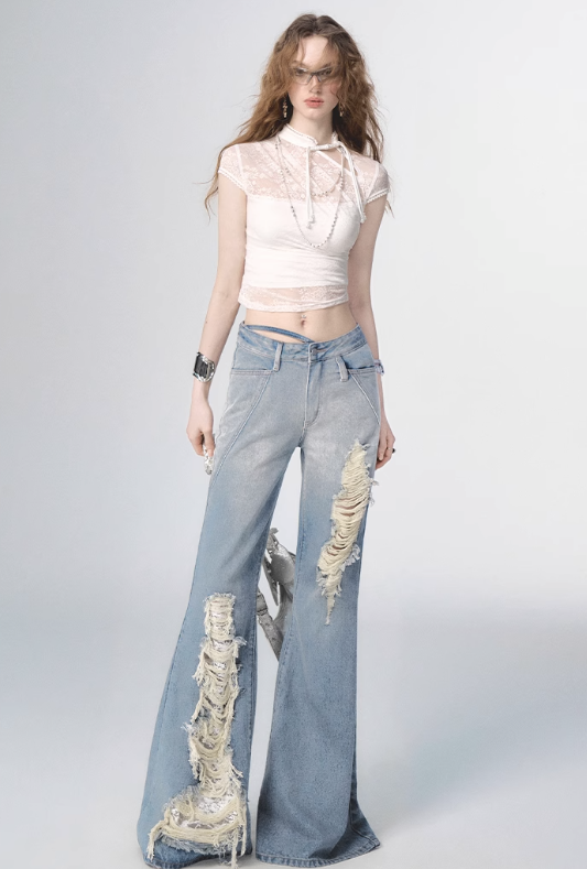 Gradient Blue Flared Damaged Denim Pants OFA0153