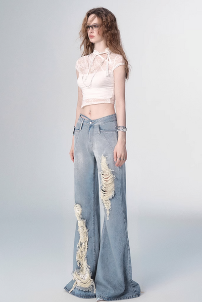 Gradient Blue Flared Damaged Denim Pants OFA0153