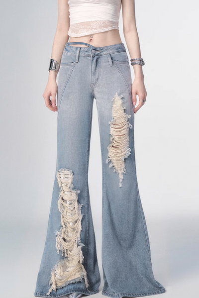 Gradient Blue Flared Damaged Denim Pants OFA0153