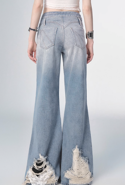 Gradient Blue Flared Damaged Denim Pants OFA0153