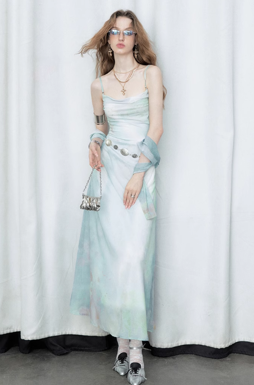 Scarf Set Aurora Color Camisole Chiffon Dress OFA0160