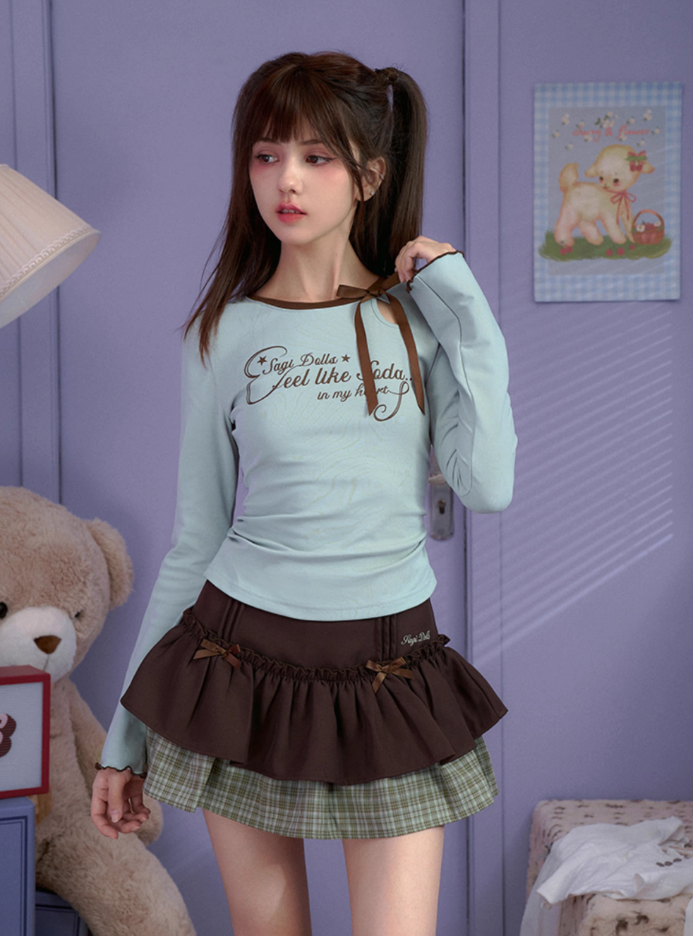 brown bow green plaid short skirt SAG0181