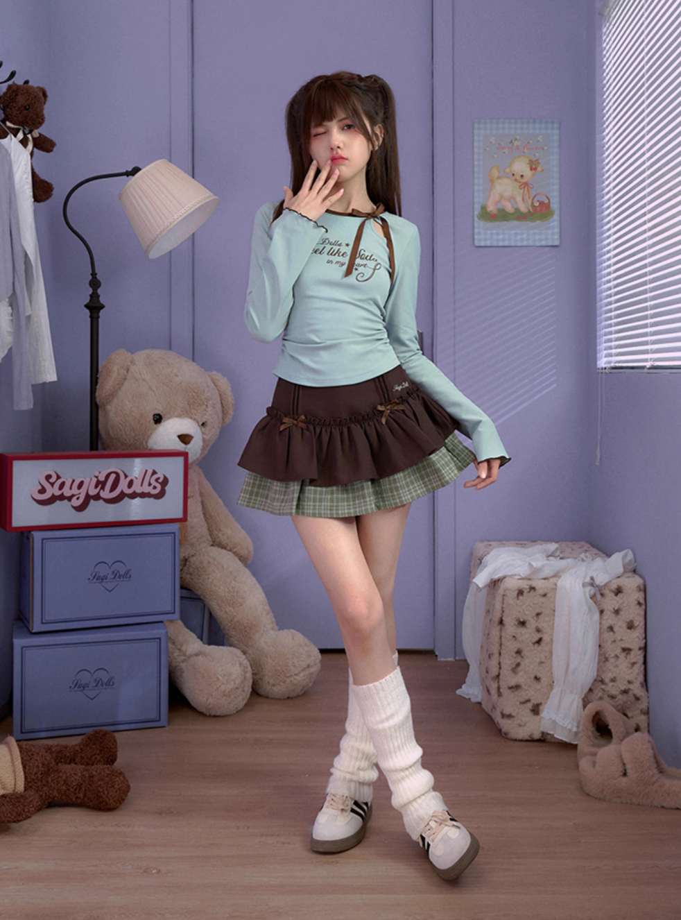 brown bow green plaid short skirt SAG0181