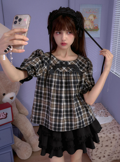 Brown Plaid Round Neck Mid Sleeve Babydoll Top SAG0182