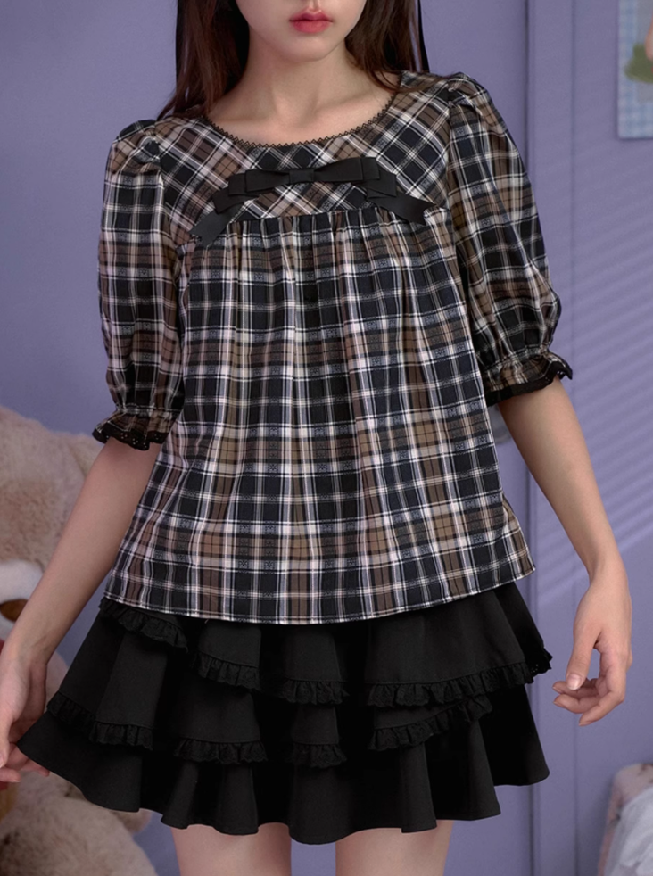 Brown Plaid Round Neck Mid Sleeve Babydoll Top SAG0182