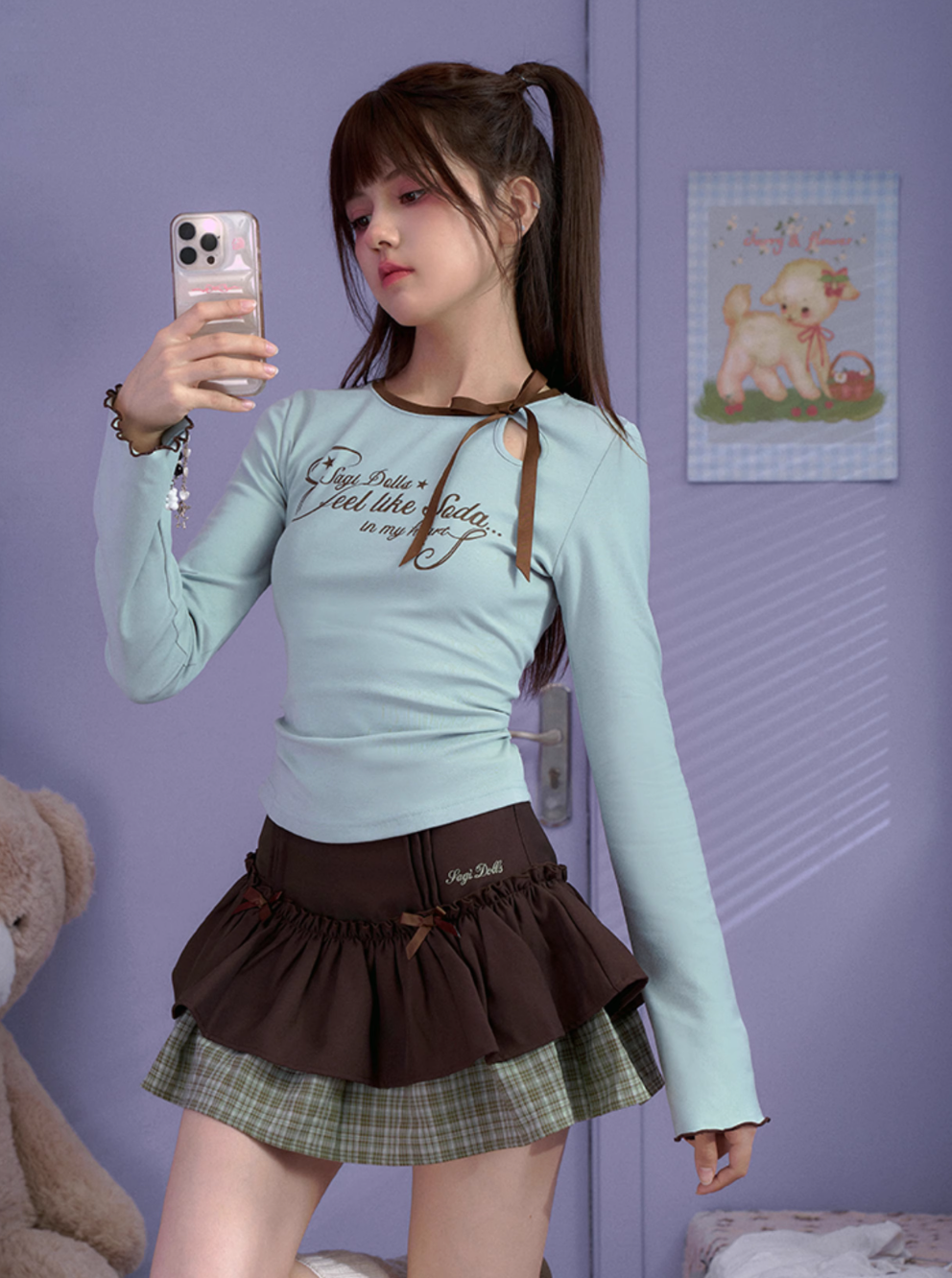 Small waist sweet white green long sleeve T-shirt SAG0184