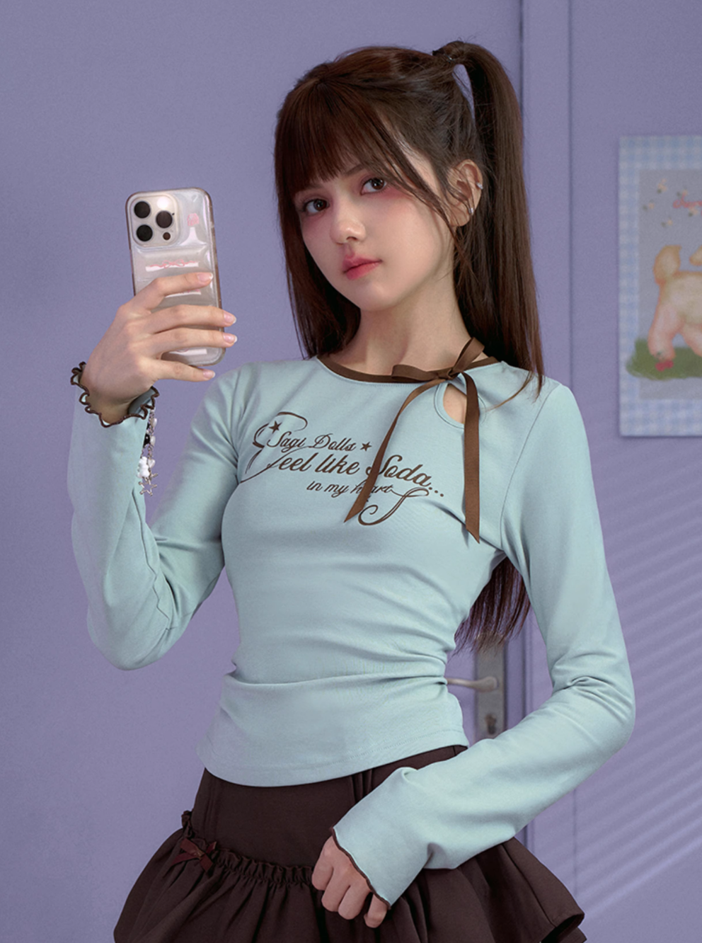 Small waist sweet white green long sleeve T-shirt SAG0184