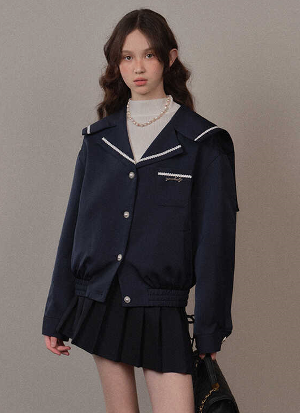 Navy hem gathered loose sailor button jacket YOO0068