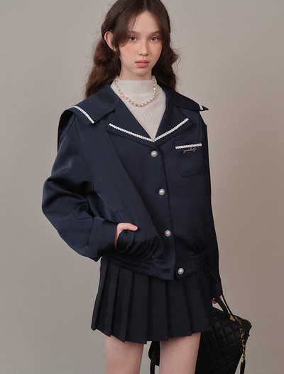 Navy hem gathered loose sailor button jacket YOO0068