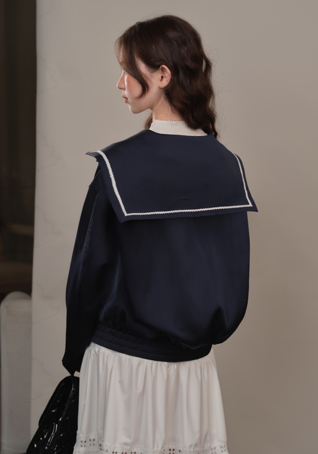 Navy hem gathered loose sailor button jacket YOO0068