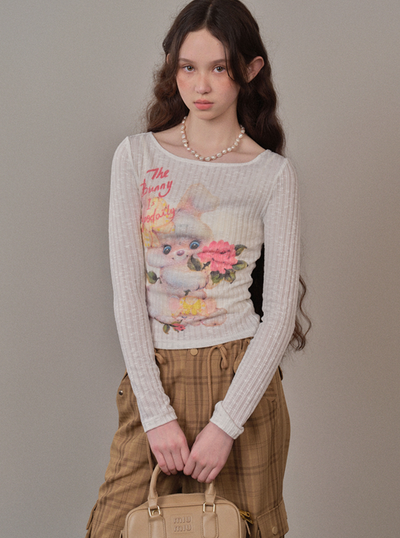 Little Rabbit Print Long Sleeve Ribbed Slim Top YOO0069