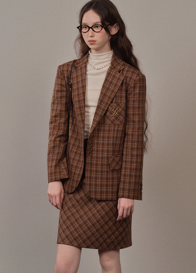 Brown checkered casual suit jacket and skirt YOO0070