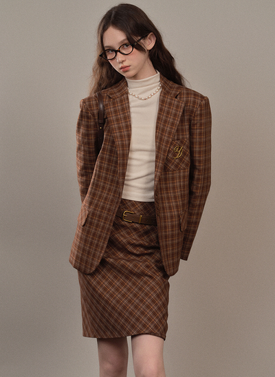 Brown checkered casual suit jacket and skirt YOO0070