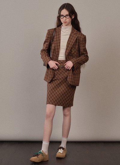 Brown checkered casual suit jacket and skirt YOO0070