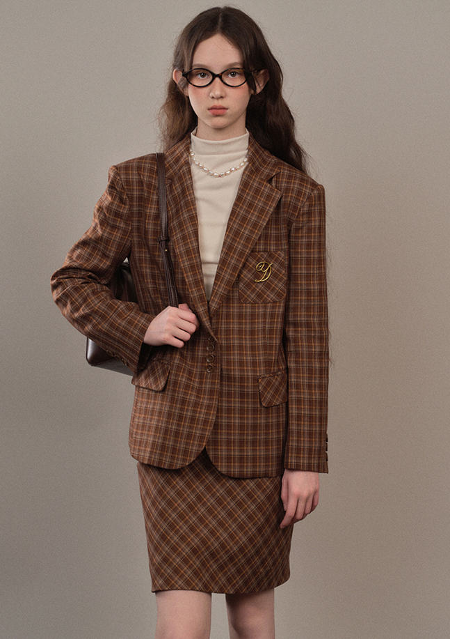 Brown checkered casual suit jacket and skirt YOO0070