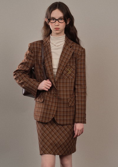 Brown checkered casual suit jacket and skirt YOO0070